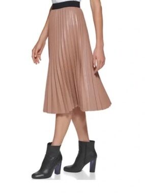 Calvin Klein Faux Leather Pleated Midi Skirt in Tan